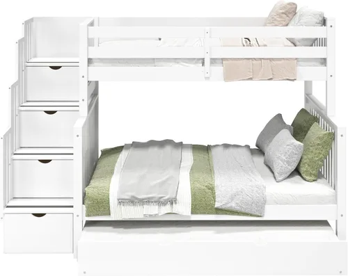 Miniatura 8 de Bedz King BK961-Honey-Trundle-p - Litera con cama nido individual, con 4 cajones en los peldaños Blanco