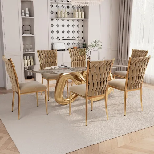 Miniatura 14 de Juego de 2 sillas de comedor de terciopelo, modernas sillas de cocina tejidas con patas de metal dorado, cojín tapizado con respaldo alto