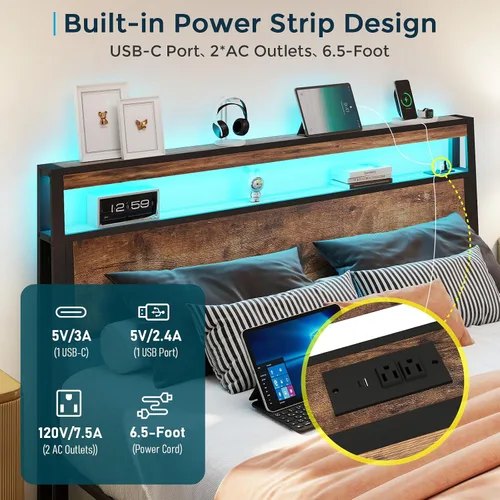 Miniatura 4 de SADENICEL Base de cama de tamaño matrimonial con almacenamiento, plataforma de cama de madera LED con cabecero, 2 cajones, estación de carga,