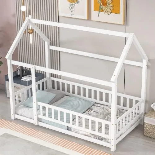 Miniatura 3 de Cama de suelo de tamaño individual con valla para niños pequeños, cama Montessori con techo de casa, marco de cama de piso de madera para niños