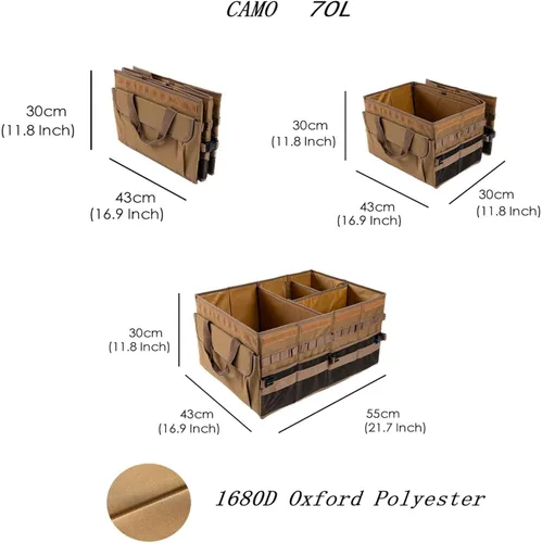 Miniatura 2 de Organizador grande de maletero de 70 L, organizador de maletero con tapa, caja de almacenamiento de carga plegable, marrón, 4 compartimentos