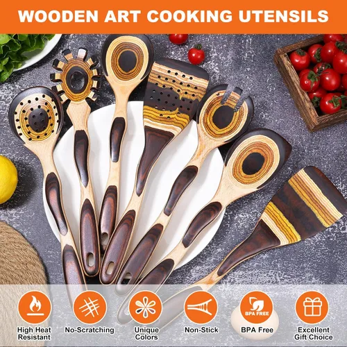 Miniatura 5 de Juego de 7 utensilios de cocina de madera de Pakkawood para cocinar, cucharas de madera para cocinar, seguro, ecológico, antiadherente, utensilios