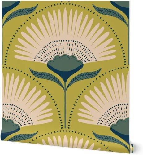 Muestras de papel tapiz para despegar y pegar, diseño Art Deco de flores verdes, geométrico, divertido, jumbo, papel tapiz extraíble personalizado