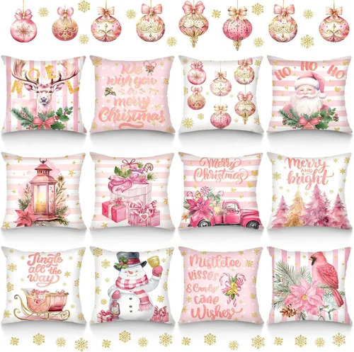 Miniatura 7 de Ganeen Juego de 12 fundas de almohada navideñas de 18 x 18 pulgadas, decoración de acuarela, muñeco de nieve, ciervo, guantes, patines, camiones