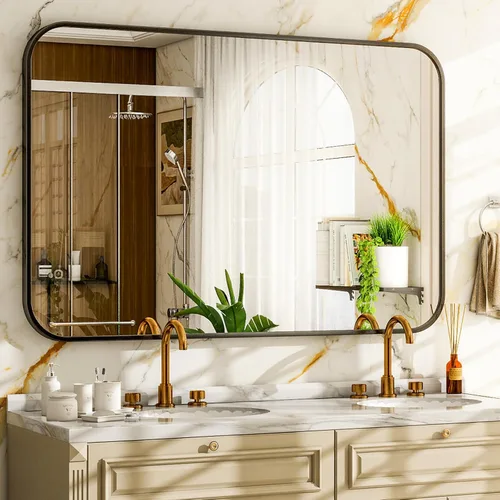 Miniatura 11 de Espejo de baño negro de 36 x 24 pulgadas, moderno espejo rectangular negro para pared con esquinas redondeadas, espejos de baño para tocador, espejo