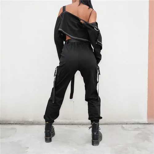 Miniatura 4 de JEAAMKSSER Pantalones cargo negros de cintura alta para mujer con bolsillos, holgados, color liso, Y2K Streetwear