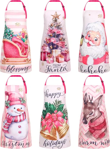 Bencailor Delantales de invierno con bolsillos Delantales de cocina navideños ajustables impermeables para cocinar mujeres hombres (Papá Noel, rosa,