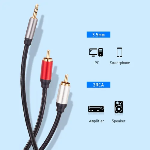 Miniatura 3 de Cable RCA de 3 pies, 0.138 in macho a 2RCA macho, cable adaptador de audio estéreo de nailon trenzado, cable AUX RCA Y para teléfonos inteligentes