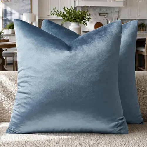 GIGIZAZA Juego de 2 fundas de almohada decorativas de terciopelo azul piedra de 18 x 18 pulgadas para sofá y sala de estar, fundas de almohada