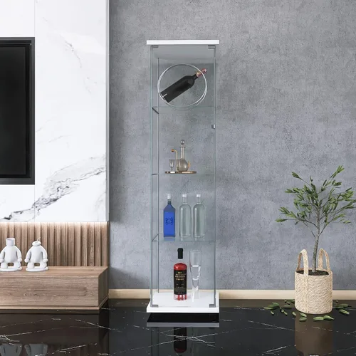 Miniatura 3 de Vitrina de cristal con puerta con 4 estantes, gabinete curio de cristal transparente para colocar en el suelo, vitrina de exhibición para Blanco