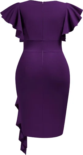 Miniatura 2 de Miusol Vestido de tubo vintage con cuello en V para mujer, talla grande, manga con volantes, para negocios, cóctel, fiesta