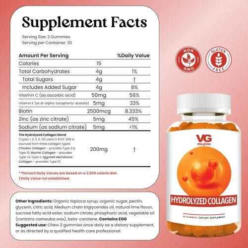 Miniatura 2 de VITA GLOBE Gomitas de colágeno – 200 mg de colágeno hidrolizado tipos I, II, III, V y X, apoya el cabello, la piel, las uñas, las articulaciones