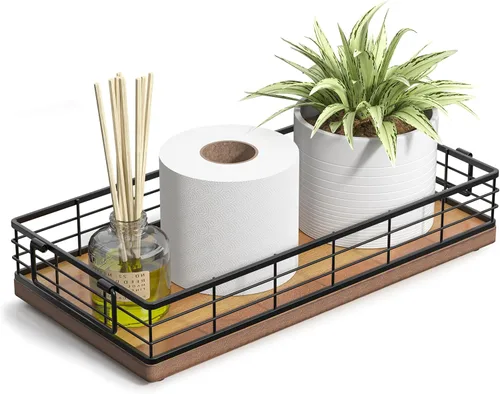 Cesta de papel higiénico de acacia, bandeja de 13 pulgadas para almacenamiento de artículos de aseo en la parte superior del inodoro, organizador