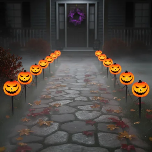 Miniatura 8 de Luces de Halloween para caminos al aire libre, 7 pies, luces de estaca de calabaza de Halloween con 4 bombillas LED C7 transparentes