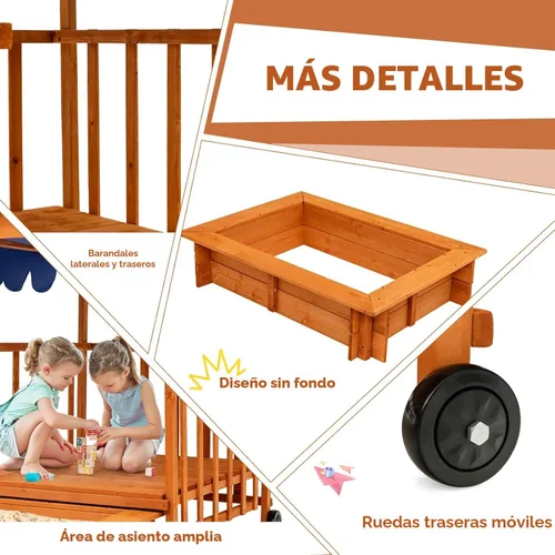Miniatura 7 de Costzon Caja de Arena Retráctil para Niños con Toldo, Casa de Juegos Cabaña de Madera de Cedro con Área de Juego Grande, Ruedas Traseras