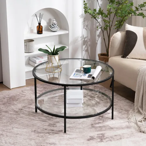Miniatura 10 de VINGLI Mesa de Centro de Cristal, Mesa de Centro Redonda de 25.6" Dorado Champán para Sala de Estar, Mesa de Centro de Cristal de 2 Niveles con Oro