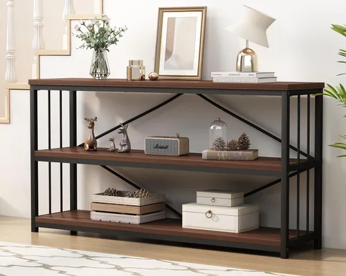 Miniatura 13 de LVB Mesa consola industrial, mesa de sofá de metal y madera, mesa de entrada rústica con almacenamiento, moderno estante de 3 niveles mesa larga