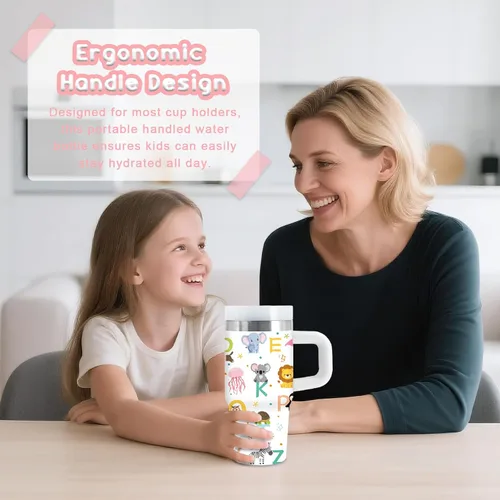 Miniatura 6 de Vaso de 405 ml para niños con alfabeto de animales con asa, popote y tapa, vaso aislado de acero inoxidable, cosas con letras del abecedario