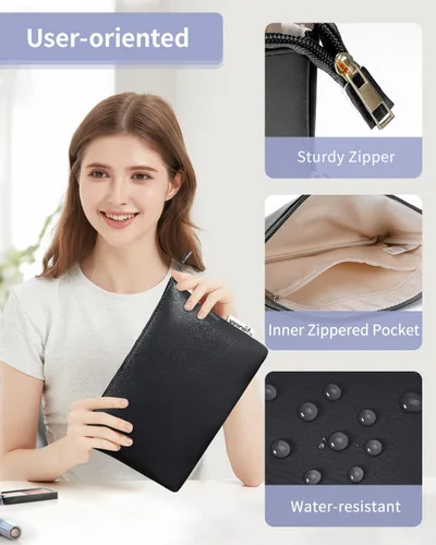 Miniatura 3 de Narwey Bolsa de Maquillaje Grande para Bolso de Cuero Vegano de Viaje Bolsa de Cosméticos con Cremallera para Mujeres, A-Negro