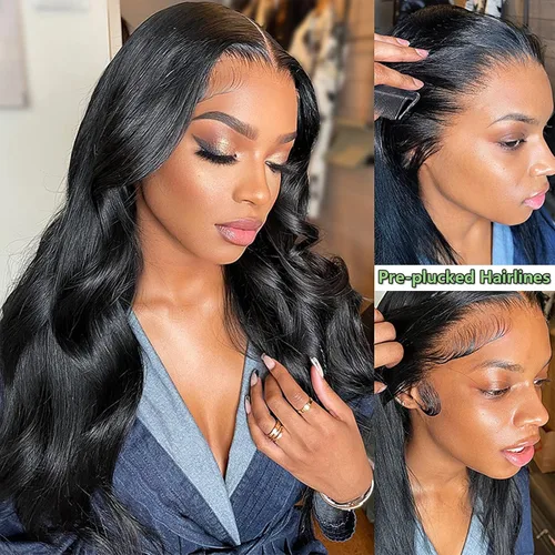 Miniatura 6 de Pelucas de encaje frontal de onda corporal 360 de cabello humano para mujeres, sin pegamento, previamente despuntadas con pelillos, 180 % de Peluca