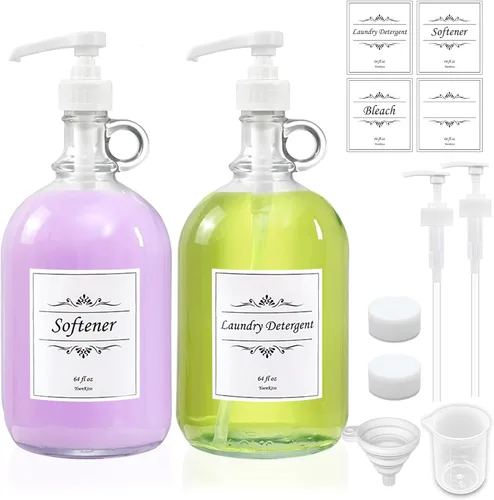 Paquete de 2 dispensadores de detergente para ropa con bomba y tapa, botellas de vidrio de 64 onzas para organización y almacenamiento de