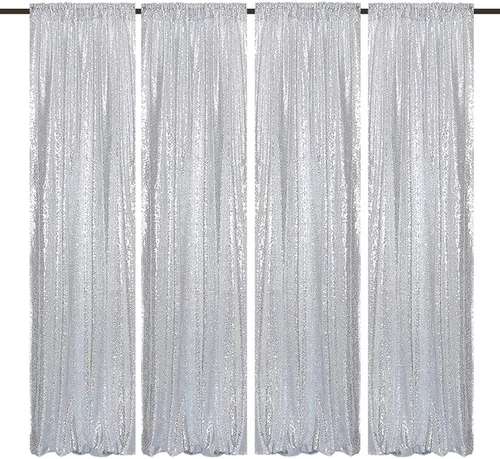 Telón de fondo de lentejuelas plateadas de 2 x 8 pies, 4 paneles, cortinas plateadas con lentejuelas para fiestas, telón de fondo brillante para