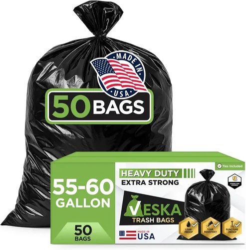 Veska Bolsas de basura de 55 galones, (paquete económico de 50 bolsas con lazos), bolsas de basura grandes de 55 galones, bolsas de basura para