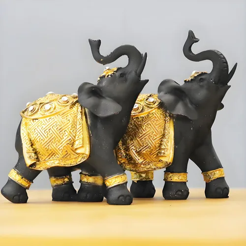 Miniatura 8 de Juego de decoración de elefante de la suerte con troncos – Feng Shui resina negro y dorado pareja elefante figuritas – Par de estatuas de elefantes