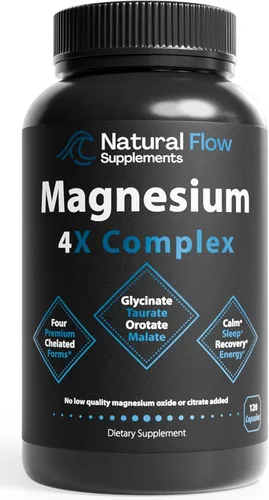 Suplemento Complejo de Magnesio Natural Flow 4X – 200 mg Elemental Mg – Glicinato, Taurato, Malato y Orotato – Calma, Sueño y Apoyo Muscular – Sin