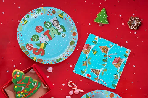 Miniatura 12 de Silver Buffalo Elf Buddy the Elf Fa La La Santa Snow Christmas - Paquete de 32 platos de papel desechables y servilletas para fiestas Buddy the Elf