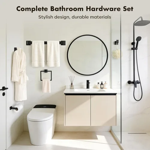 Miniatura 7 de Juego de 10 accesorios de baño negro mate, juego de herrajes de baño de acero inoxidable, toalleros para baño montados en la pared, juego de barras