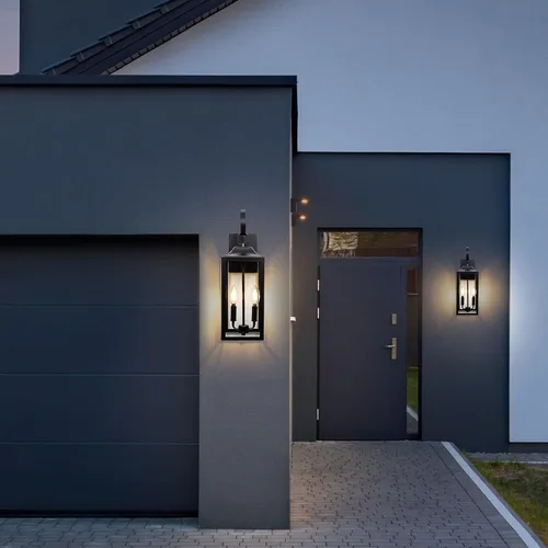 Miniatura 6 de Farol de pared negro de 19 pulgadas para exteriores, 2 luces, aplique grande y moderno para porche, luz industrial para porche con vidrio