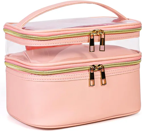 Miniatura 12 de Bolsa de cosméticos de doble capa, bolsa de maquillaje, bolsa de aseo grande, bolsa organizadora de maquillaje de viaje para niñas y mujeres, Negro