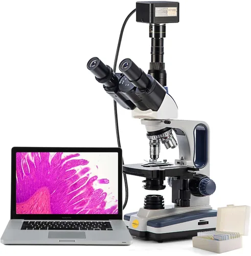 Miniatura 8 de SWIFT Microscopio de laboratorio compuesto trinocular 40X-2500X con cámara y diapositivas de 3MP, etapa mecánica, condensador de Abbe