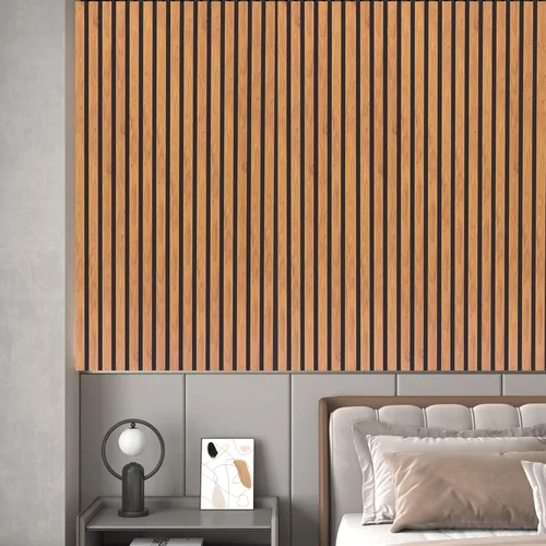 Miniatura 8 de Paneles de pared acústicos 3D con listones y acabado en madera, paquete de 2 paneles de absorción de sonido para estudio, oficina, sala de estar