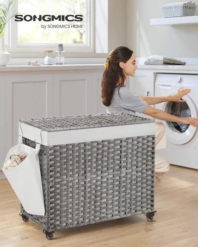 Miniatura 2 de SONGMICS Cesta de lavandería con tapa, 42.3 galones (160 L), cesta de lavandería con ruedas, ratán sintético de 3 secciones, forro extraíble, Gris