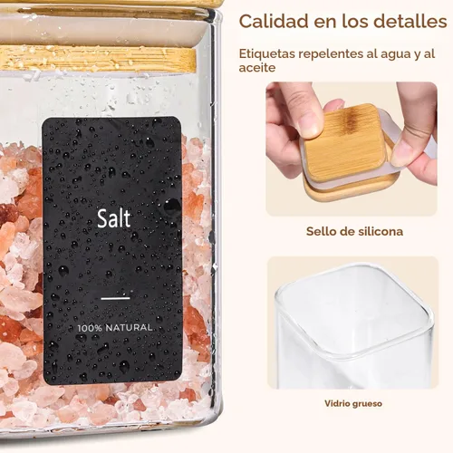 Miniatura 6 de ComSaf 16 tarros de especias con etiquetas, tarro de vidrio con tapa de bambú, recipientes cuadrados herméticos de 6 onzas con etiquetas negras