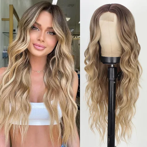 Miniatura 10 de AISI QUEENS Pelucas largas para mujer, onduladas, ombré, raya en medio, color marrón ceniza y rubio decolorado, pelucas rizadas de aspecto natural