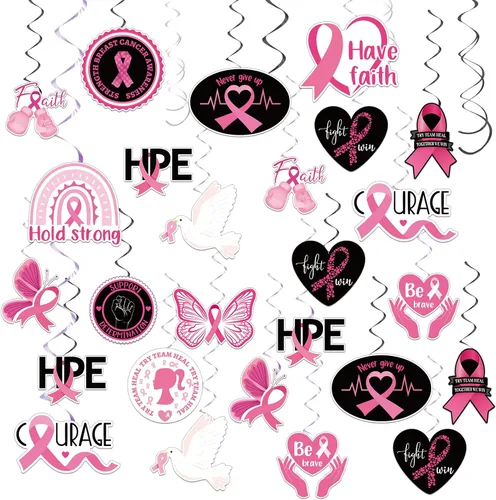 60 piezas de remolinos de fiesta de concientización sobre el cáncer de mama, cinta rosa, remolinos colgantes, esperanza, fuerza, coraje, fe, negro y
