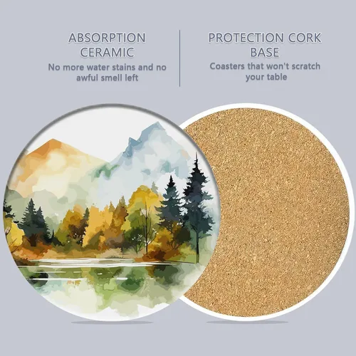 Miniatura 3 de Juego de 6 posavasos de mesa para bebidas, posavasos redondos de cerámica de acuarela bosque nebuloso, con base de corcho y soporte de metal, Bosque