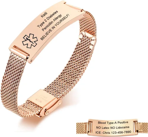 Miniatura 13 de Pulseras personalizadas de alerta médica para hombres, mujeres y niños, grabado gratuito, malla de acero inoxidable ajustable, pulsera
