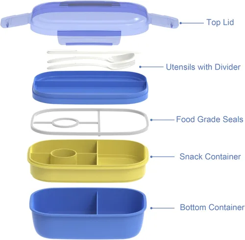 Miniatura 2 de JBGOYON® Juego de lonchera Bento azul, 3 recipientes apilables para adultos y niños, incluye bolsa de almuerzo, a prueba de fugas y sin BPA, juego
