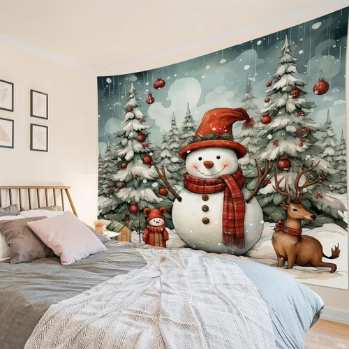 Miniatura 22 de HVEST Tapiz navideño de invierno para colgar en la pared, muñeco de nieve divertido con sombrero azul y tapices de regalo de Navidad, tapiz de pino
