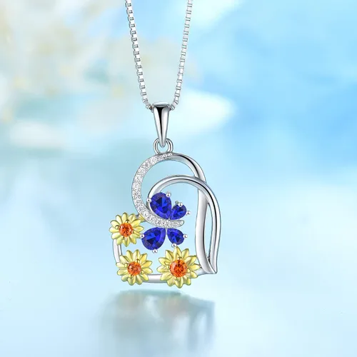 Miniatura 2 de FJ Collar de corazón de plata maciza con collar de girasoles con piedra de nacimiento de animales de mariposa