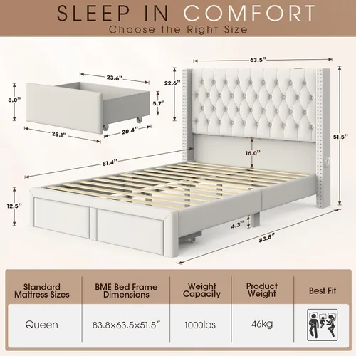 Miniatura 2 de CIKUNASI Base de cama tapizada de terciopelo tamaño Queen con cabecera y almacenamiento, marco de cama alto con 2 cajones, base de cama copetuda