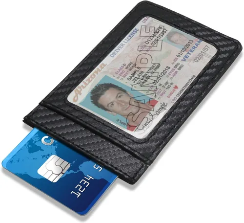 Miniatura 4 de iPick Image Ford Bronco - Cartera de piel de fibra de carbono negra con bloqueo RFID, funda para tarjetas, 4-3/8" x 2-3/4", Negro