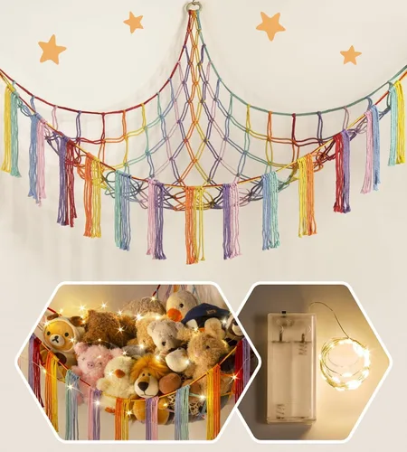 Miniatura 13 de RelaxScene Hamaca esquinera de animales de peluche con luz LED, hamaca de almacenamiento de juguetes, red de peluche grande, organizador colgante