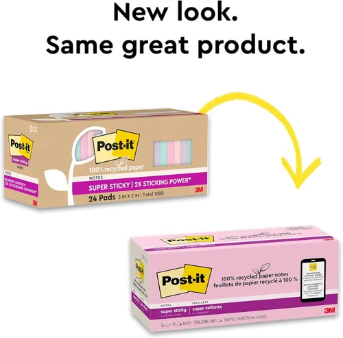 Miniatura 9 de Post-it - Notas superadhesivas de papel 100% reciclado, 3 x 3 pulgadas, 24 blocs, 70 hojas por bloc, pasteles Wanderlust, suministros de regreso a