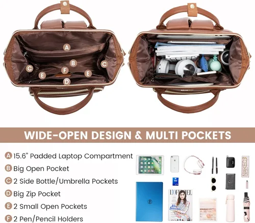 Miniatura 2 de LOVEVOOK Mochila de cuero para laptop para mujer de 15.6 pulgadas, bolsa de viaje para enfermeras, profesores, bolsa de computadora, bolsas de Marrón