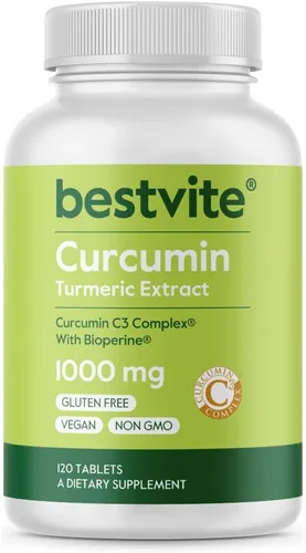 BESTVITE Curcumina 1000 mg por tableta (extracto de cúrcuma) (120 tabletas) con curcumina C3 Complex® clínicamente estudiado y BioPerine® -